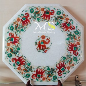 14&quot; wit marmeren inlegwerk zijtafelblad, Pietra Dura Art, Home Living-tafel, handgemaakte bijzettafel met marmeren inlegwerk, marmeren middentafel