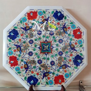 14&quot; wit marmeren inlegwerk zijtafelblad, Pietra Dura Art, Home Living-tafel, handgemaakte bijzettafel met marmeren inlegwerk, marmeren middentafel