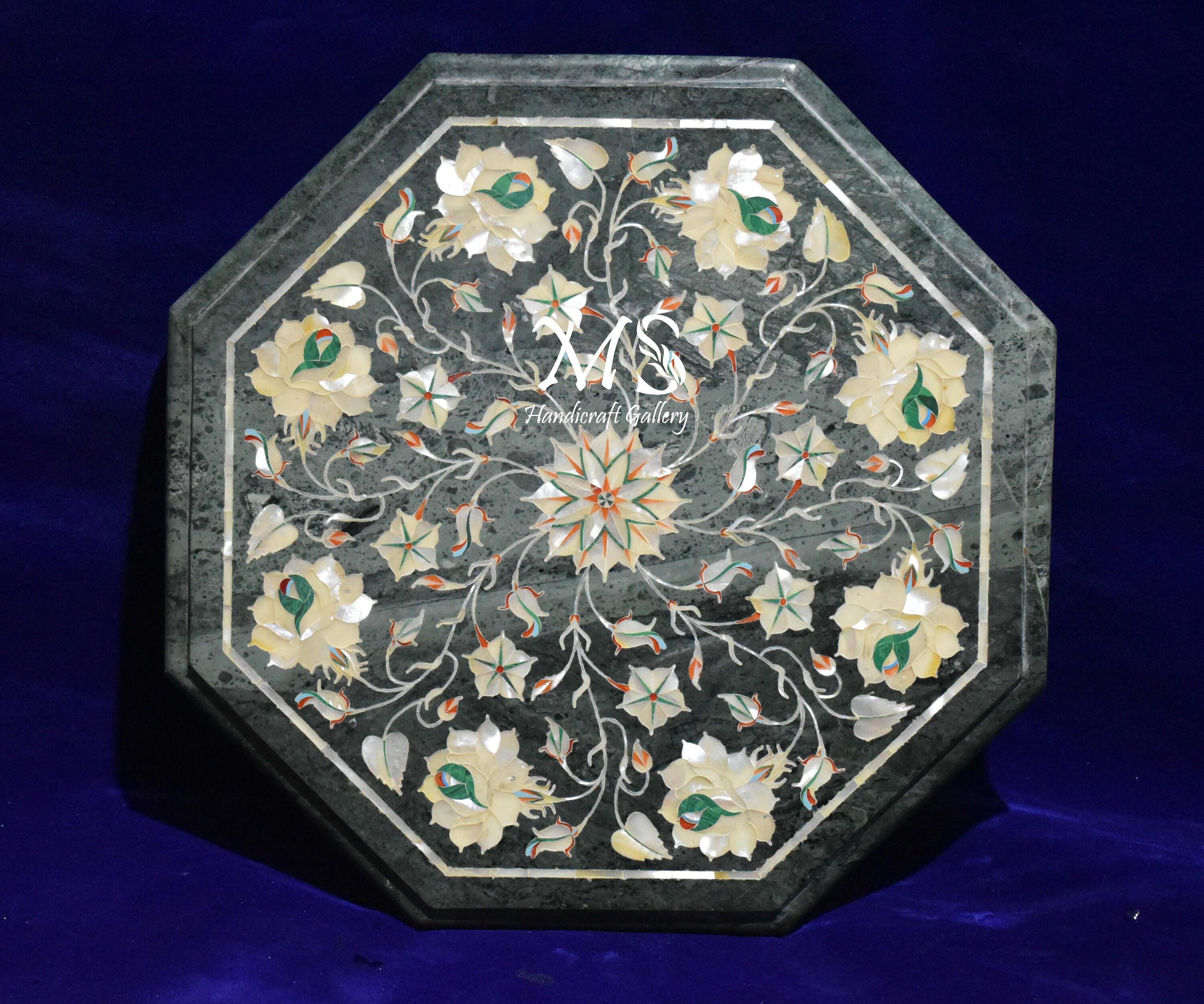 Beautiful Marble Green Side Table Luxury Inlay Art Mother of Pearl Table Pietra Dura Home Decorative With Natural Stone Floral Design