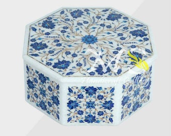 Marble White Unique Inlaying Lepis Lazuli Handmade Box Jewellery Storage Small Details Floral Design Pietra Dura Art, Gemstones Marble Box