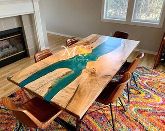 Custom Walnut Wood River Table – Blue Epoxy Resin, Handmade