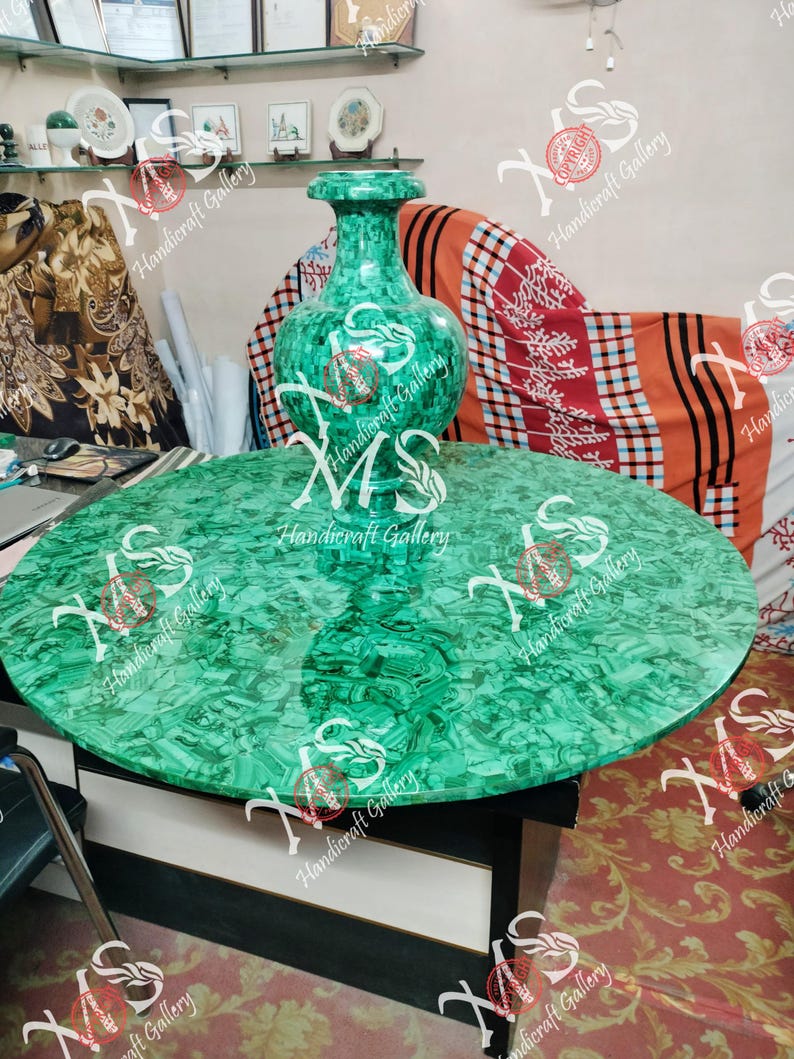 Handmade Malachite Table Top Set with Flower Vase: 42" Round Dining Table image 1