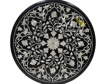 24&quot; Antique Black Inlay Coffee Table, Pietra Dura Art, Mother of Pearl Gemstones Unique Floral Design Home Living Decor Interior Furniture