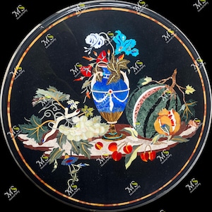 Zwart marmeren tafelblad: Pietra Dura Art, handgemaakt in India (diameter 36&quot;)