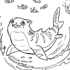 May include: A black and white line drawing of a cartoon shark with a cat-like face swimming in a circle of water. The shark is swimming with its mouth open and has a happy expression on its face. There are several small fish swimming around the shark.