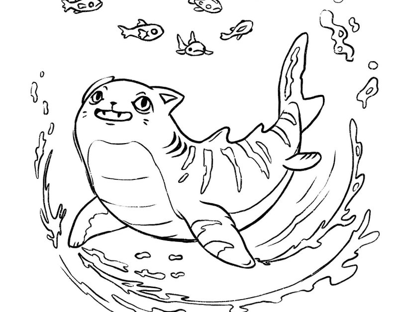 May include: A black and white line drawing of a cartoon shark with a cat-like face swimming in a circle of water. The shark is swimming with its mouth open and has a happy expression on its face. There are several small fish swimming around the shark.