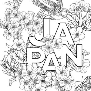 May include: Black and white line art illustration of the word "JAPAN" surrounded by cherry blossoms and a bird.