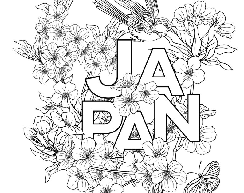 May include: Black and white line art illustration of the word "JAPAN" surrounded by cherry blossoms and a bird.