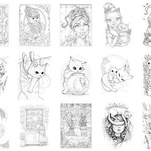 Puede incluir: Una colecci&oacute;n de 12 ilustraciones en blanco y negro con gatos en varios entornos. Las ilustraciones incluyen gatos en una pecera, gatos en un tendedero, gatos en un jard&iacute;n y gatos con hadas.