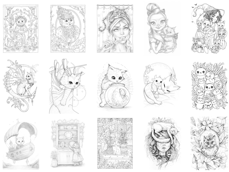 Puede incluir: Una colecci&oacute;n de 12 ilustraciones en blanco y negro con gatos en varios entornos. Las ilustraciones incluyen gatos en una pecera, gatos en un tendedero, gatos en un jard&iacute;n y gatos con hadas.