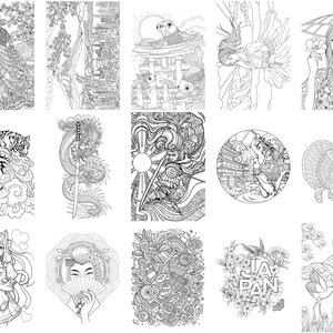May include: A collection of 12 black and white illustrations featuring Japanese themes. The illustrations include a tiger, a dragon, a geisha, a woman with a fan, a woman with a hat, a woman with a sword, a mountain, a temple, a fish, a pig, a cat, and a cherry blossom tree.