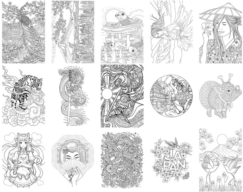 May include: A collection of 12 black and white illustrations featuring Japanese themes. The illustrations include a tiger, a dragon, a geisha, a woman with a fan, a woman with a hat, a woman with a sword, a mountain, a temple, a fish, a pig, a cat, and a cherry blossom tree.