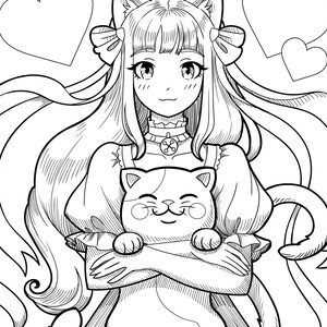 May include: A black and white line drawing of a girl with cat ears and a cat tail. She is holding a cat in her arms. The girl is wearing a dress with a bow and a collar. There are hearts in the background.