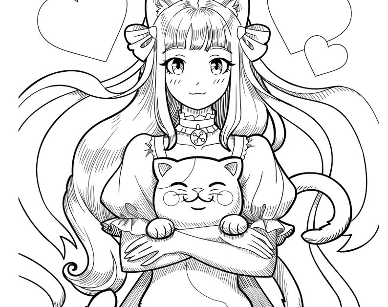 May include: A black and white line drawing of a girl with cat ears and a cat tail. She is holding a cat in her arms. The girl is wearing a dress with a bow and a collar. There are hearts in the background.
