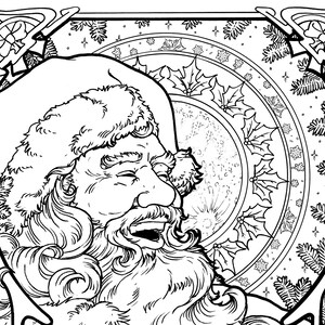May include: A black and white line drawing of Santa Claus laughing with a whimsical background of holly and snowflakes.