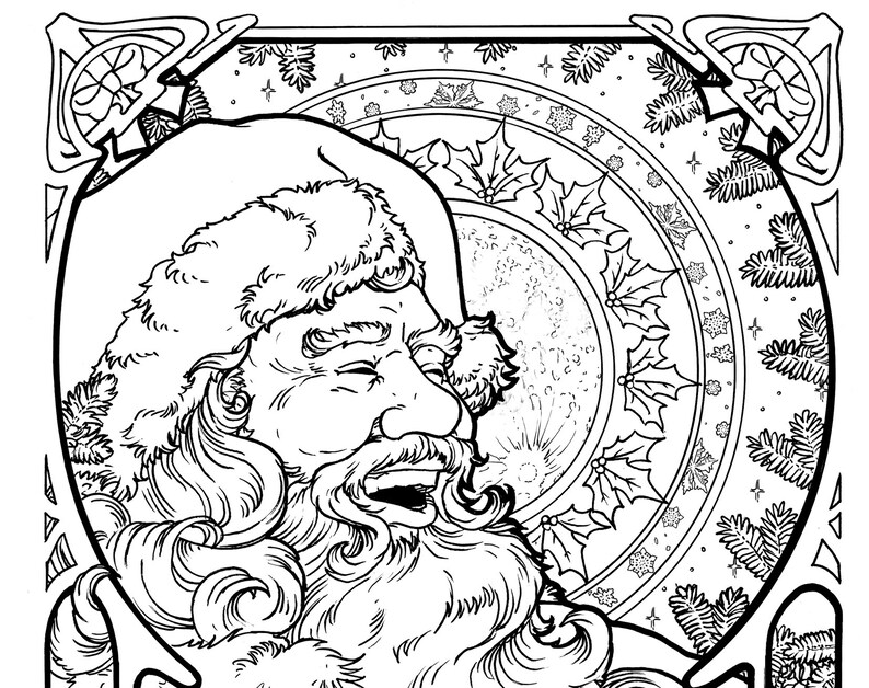 May include: A black and white line drawing of Santa Claus laughing with a whimsical background of holly and snowflakes.