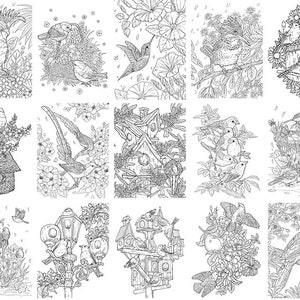 Pu&ograve; includere: Una pagina da colorare con una variet&agrave; di illustrazioni di uccelli. Gli uccelli sono raffigurati in varie pose, tra cui volare, appollaiati sui rami e costruire nidi. Le illustrazioni sono dettagliate e intricate, con un focus sulle piume e i becchi degli uccelli. La pagina &egrave; perfetta per adulti e bambini che amano colorare.