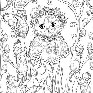Puede incluir: Un dibujo en blanco y negro de un gato con una corona de flores y rodeado de otros gatos y flores. El gato est&aacute; sentado en el centro de la imagen, con los otros gatos y las flores a su alrededor. La imagen est&aacute; dibujada en un estilo caprichoso, con los gatos y las flores con un aspecto de dibujos animados.