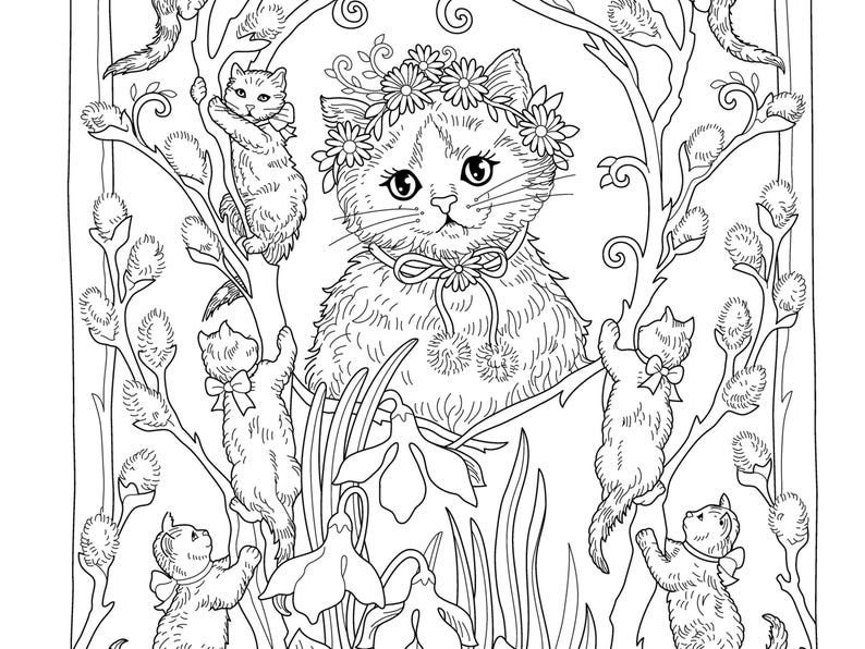Puede incluir: Un dibujo en blanco y negro de un gato con una corona de flores y rodeado de otros gatos y flores. El gato est&aacute; sentado en el centro de la imagen, con los otros gatos y las flores a su alrededor. La imagen est&aacute; dibujada en un estilo caprichoso, con los gatos y las flores con un aspecto de dibujos animados.