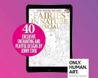 May include: A digital tablet displaying a coloring book cover with the title "Fairies in Nature Special" and a picture of fairies and animals. The cover features the text "40 Exclusive Enchanting and Playful Designs by Jenny Cook".