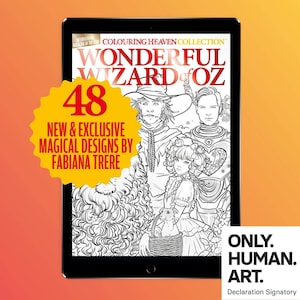 Könnte beinhalten: Ein Tablet zeigt das Cover eines Malbuches mit dem Titel "Wonderful Wizard of Oz" mit einem gelben Sternensticker, auf dem "48 Neue & Exklusive Magische Designs von Fabiana Trere" steht. Das Cover zeigt Schwarzweißillustrationen von Figuren aus dem Zauberer von Oz.