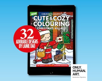 Può includere: Un tablet digitale che mostra la copertina della rivista Colouring Heaven Cute & Cozy Colouring Christmas Village. Raffigura un personaggio con cappello da Babbo Natale che imbuca una lettera, con un cerchio rosso 32 Adorable Designs.