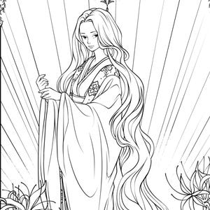 May include: A black and white line drawing of a woman in a traditional Japanese kimono standing in front of a sunburst background. She has long flowing hair and is holding her hands together in front of her. There are flowers on either side of her.