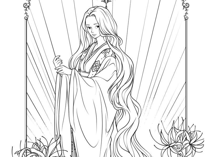 May include: A black and white line drawing of a woman in a traditional Japanese kimono standing in front of a sunburst background. She has long flowing hair and is holding her hands together in front of her. There are flowers on either side of her.
