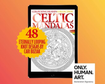 Può includere: Un tablet digitale che mostra la copertina di un libro da colorare intitolato "Mandalas Celtiche: 48 disegni di nodi in loop infinito di Cari Buziak". La copertina presenta un intricato disegno di nodo celtico in bianco e nero.