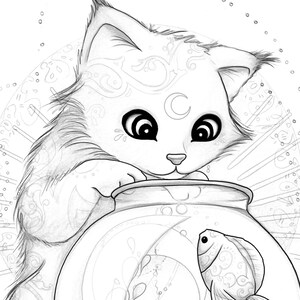 Puede incluir: Un dibujo en blanco y negro de un gato mirando dentro de una pecera. El gato tiene ojos grandes y una luna creciente en la frente. La pecera contiene un solo pez.
