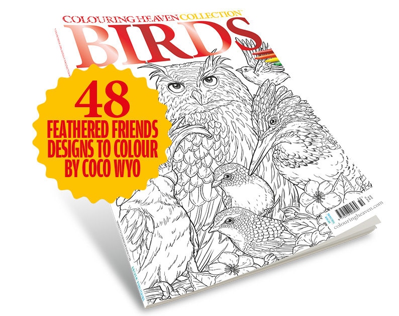 Pu&ograve; includere: Una copertina di un libro da colorare con un'illustrazione in bianco e nero di un gufo, un martin pescatore e altri uccelli. La copertina ha il titolo "Birds" e il testo "48 Feathered Friends Designs to Colour by Coco Wyo".