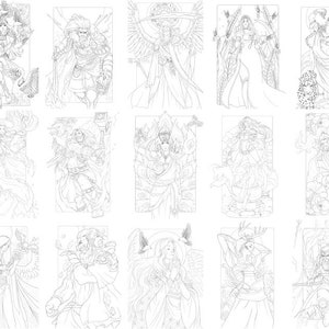以下が含まれることがあります： 様々なキャラクターとシーンを描いた、18枚の白黒の線画イラストのセット。イラストはファンタジー調で、様々な生き物、オブジェクト、設定が描かれている。