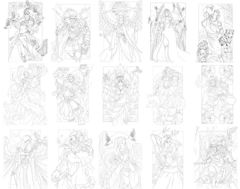 以下が含まれることがあります： 様々なキャラクターとシーンを描いた、18枚の白黒の線画イラストのセット。イラストはファンタジー調で、様々な生き物、オブジェクト、設定が描かれている。