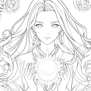 May include: A black and white line drawing of a woman with long flowing hair, holding a glowing orb in her hands. She is surrounded by swirling patterns and three smaller orbs.