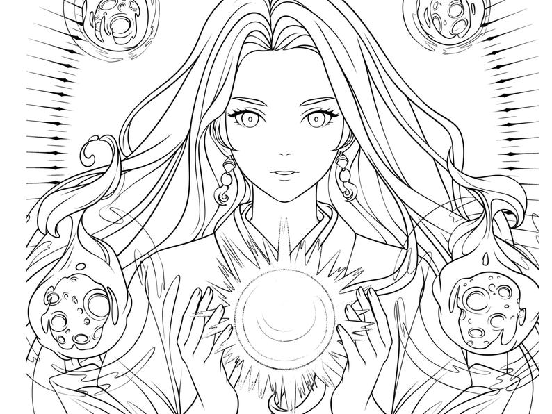 May include: A black and white line drawing of a woman with long flowing hair, holding a glowing orb in her hands. She is surrounded by swirling patterns and three smaller orbs.