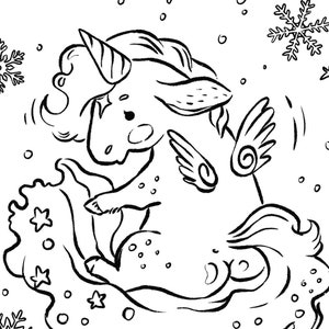 May include: A black and white line drawing of a unicorn with wings, a horn, and a flowing mane. The unicorn is standing on a cloud with snowflakes and stars around it.