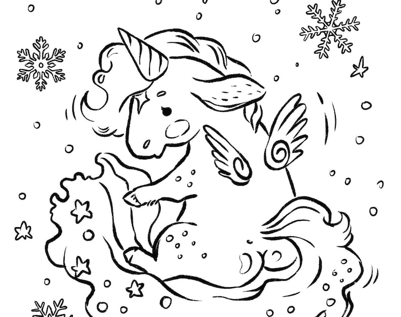 May include: A black and white line drawing of a unicorn with wings, a horn, and a flowing mane. The unicorn is standing on a cloud with snowflakes and stars around it.