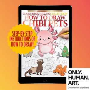 Puede incluir: Una tableta muestra la portada de un libro titulado "HOW TO DRAW CHIBI PETS" con una ilustración de ajolote rosa. Un gráfico de estrella amarilla dice "STEP-BY-STEP INSTRUCTIONS OF HOW TO DRAW!". El fondo es un degradado de naranja y rojo.