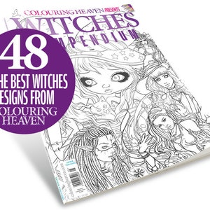 Könnte beinhalten: Ein Malbuch mit dem Titel "Witches Compendium" mit Illustrationen von Hexen. Ein violetter Kreis zeigt den Text "48 of the best witches designs from Colouring Heaven". Das Cover ist schwarz und weiß.