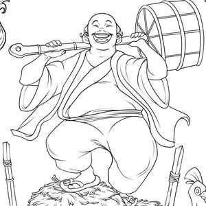 May include: A black and white line drawing of a man wearing a robe and carrying a large drum on his shoulder. He is smiling and standing on a pile of hay. There is a stick in the background.