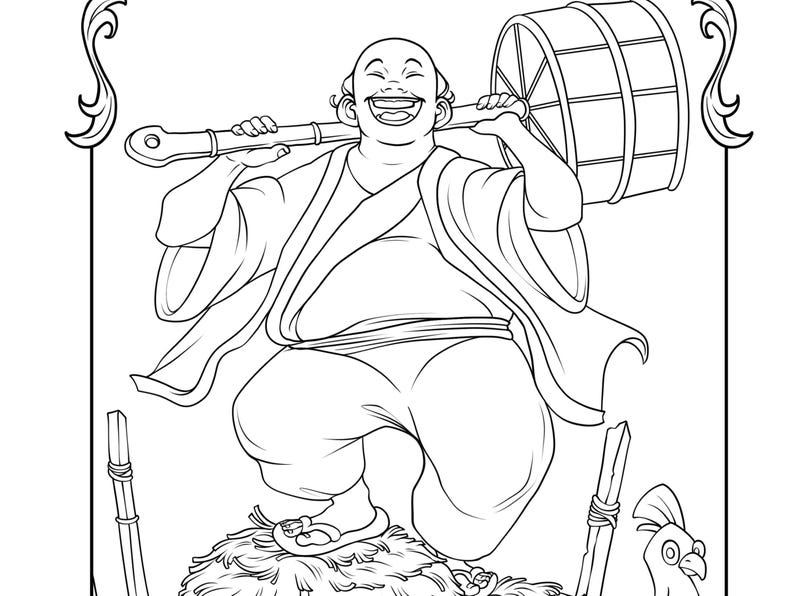 May include: A black and white line drawing of a man wearing a robe and carrying a large drum on his shoulder. He is smiling and standing on a pile of hay. There is a stick in the background.