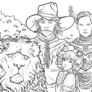 May include: Black and white line art illustration of four characters from the Wizard of Oz. The characters are the Scarecrow, the Cowardly Lion, Dorothy, and the Tin Man. The illustration is in a whimsical style and features a lot of detail.