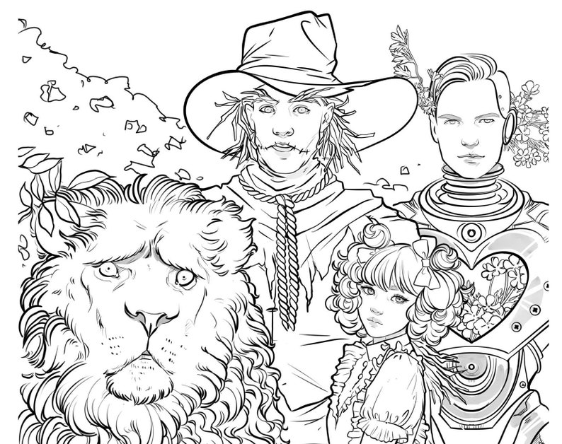 May include: Black and white line art illustration of four characters from the Wizard of Oz. The characters are the Scarecrow, the Cowardly Lion, Dorothy, and the Tin Man. The illustration is in a whimsical style and features a lot of detail.