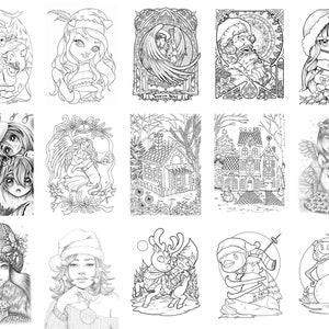 May include: A collection of 15 black and white illustrations featuring winter and holiday themes. The illustrations include a variety of characters, such as Santa Claus, angels, and snowmen, as well as scenes of winter landscapes and holiday decorations.
