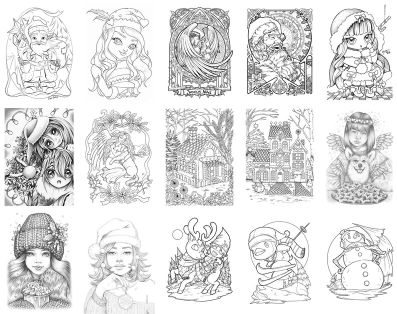 May include: A collection of 15 black and white illustrations featuring winter and holiday themes. The illustrations include a variety of characters, such as Santa Claus, angels, and snowmen, as well as scenes of winter landscapes and holiday decorations.