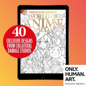 May include: A digital tablet displaying a colouring book cover featuring a black and white illustration of anime characters. The cover text reads "Colouring Heaven World of Anime Special 40 Exclusive Designs from Collateral Damage Studios".