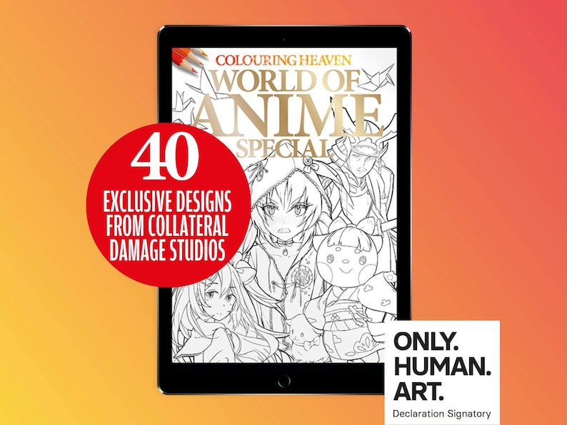 May include: A digital tablet displaying a coloring book cover featuring a black and white illustration of anime characters. The cover text reads "Colouring Heaven World of Anime Special 40 Exclusive Designs from Collateral Damage Studios".