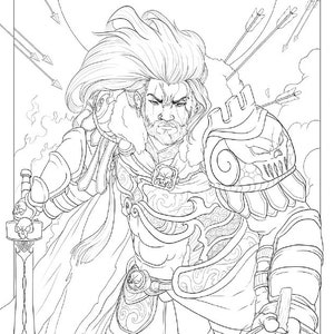 以下が含まれることがあります： 長い髪とあごひげを生やした戦士の白黒の線画。鎧を着て剣を持っている。矢に囲まれている。