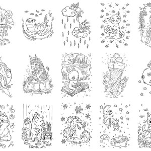 May include: A set of 12 black and white illustrations featuring various animals, including cats, rabbits, and a raccoon. The illustrations are in a whimsical style and feature a variety of details, such as stars, clouds, and flowers.