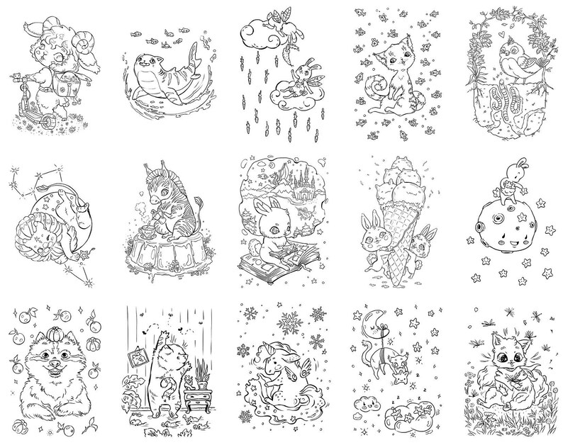 May include: A set of 12 black and white illustrations featuring various animals, including cats, rabbits, and a raccoon. The illustrations are in a whimsical style and feature a variety of details, such as stars, clouds, and flowers.